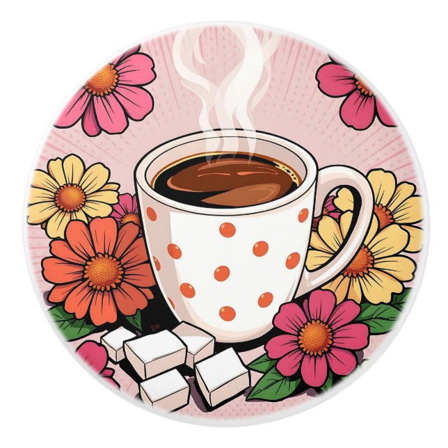 Söt prickig kaffekopp och blommor knopp (Framsidan)