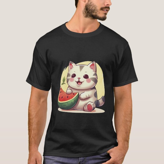 Söt Prickig Katt med Vattenmelon Sommar Konst ✨🐾 T Shirt (Framsida)