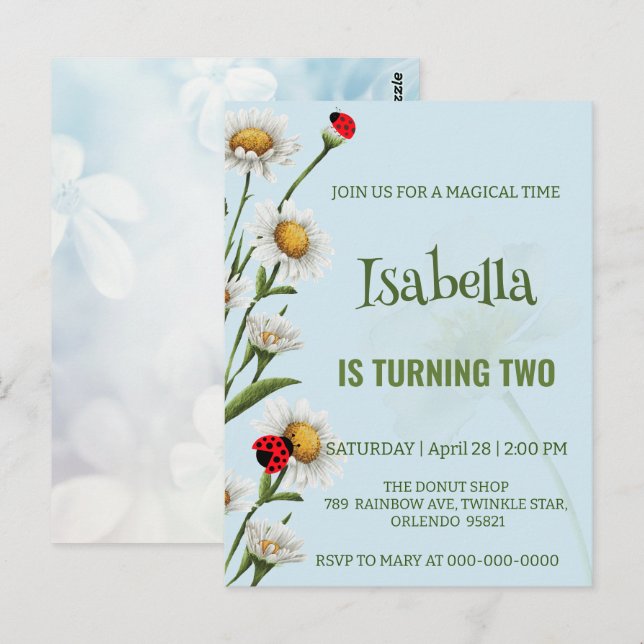 Söt prickig nyckelpiga blå tusenskönas barnkalas  vykort (Fram/baksida)