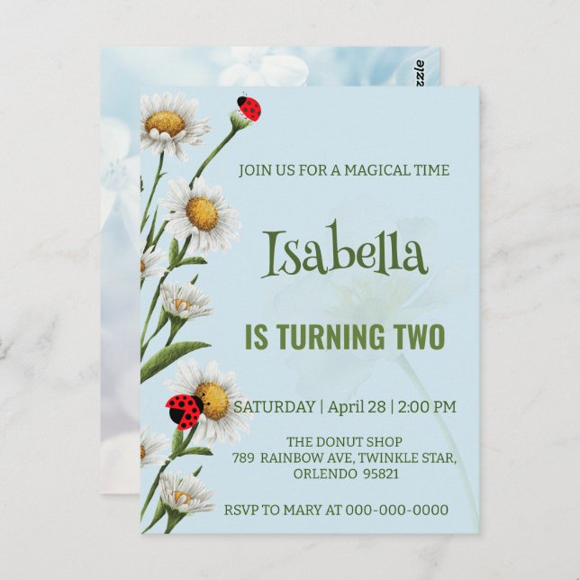 Söt prickig nyckelpiga blå tusensköns barnkalas  vykort (Fram/baksida)