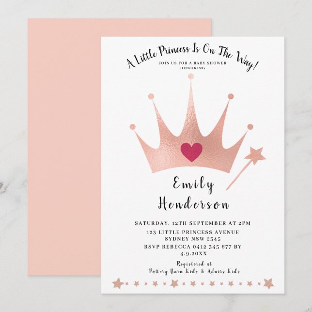 Söt Princess Guld Rosa Baby Shower för  Krona Inbjudningar (Fram/baksida)