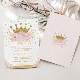 Söt Princess Guld Rosa Blommigt Baby Shower  Krona Inbjudningar