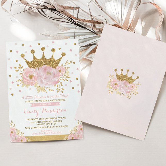 Söt Princess Guld Rosa Blommigt Baby Shower  Krona Inbjudningar (Skapare uppladdad)