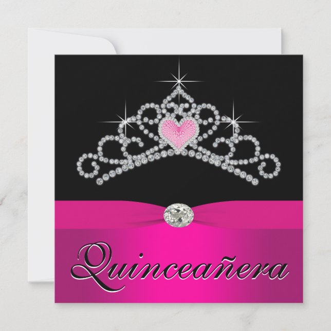 Söt Princess Tiara Shock rosa Quinceanera Inbjudningar (Framsida)