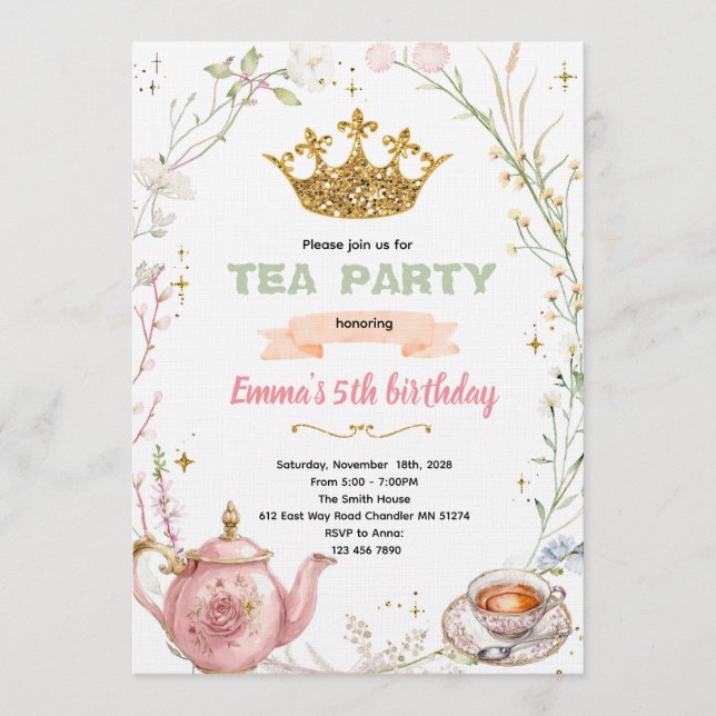 Söt prinsess tea party inbjudan (Framsida)
