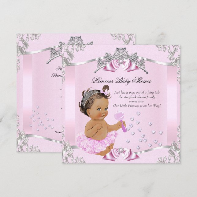 Söt Prinsessa Bebis Badrum Rosa Tutu Brunett Inbjudningar (Fram/baksida)