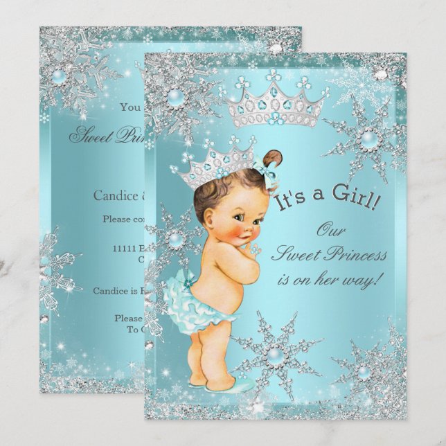 Söt Prinsessa Flick Baby Shower Teal Brunett Inbjudningar (Fram/baksida)