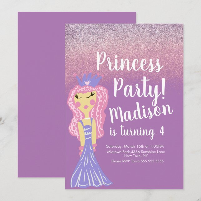 Söt Prinsessa Födelsedagsfest Doodle Inbjudan  (Fram/baksida)
