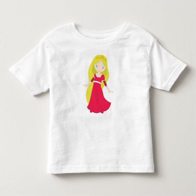 Söt prinsessa, krona, blont hår, röd klänning t shirt (Framsida)