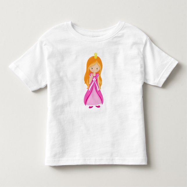 Söt prinsessa, krona, orange hår, rosa klänning t shirt (Framsida)