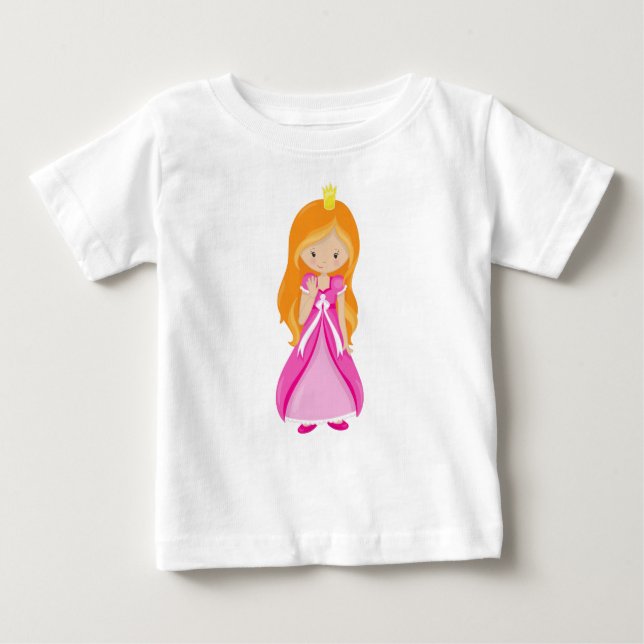 Söt prinsessa, krona, orange hår, rosa klänning t shirt (Framsida)