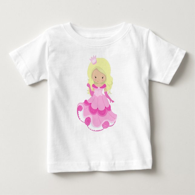 Söt prinsessa, krona, rosa klänning, blondt hår t shirt (Framsida)