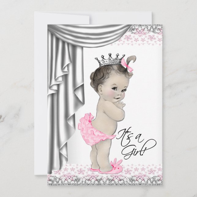 Söt prinsessa Rosa och Grå Bebis-flicka Babyshower Inbjudningar (Framsida)