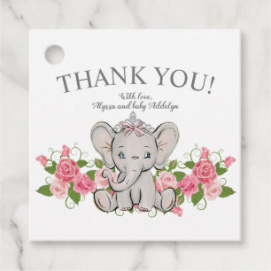 Söt prinsesselefant babyflicka baby shower tack gåvor etiketter