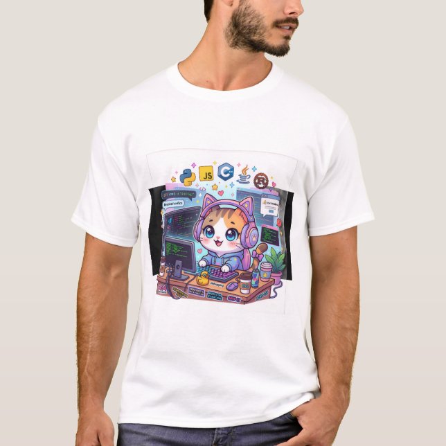 Söt programmerarkatt T-shirt | Kawaii kodningskatt (Framsida)