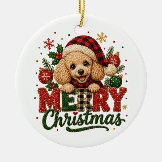 Söt Pudel God Jul Julgransprydnad Keramik (Framsidan)
