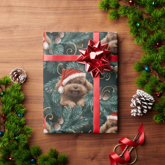 Söt pudel hund jultomte hatt gran grenar tallkotta presentpapper (Julgåva)