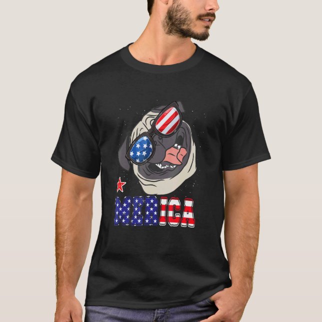 Söt Pug 4:e Juli Merica Mäns Kvinnors Barn Ameri T Shirt (Framsida)