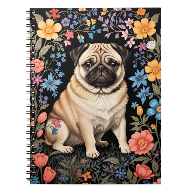 Söt Pug Elegant Färgrik Blomma Anteckningsbok (Framsidan)