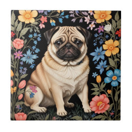 Söt Pug Elegant Färgrik Blomma Kakelplatta