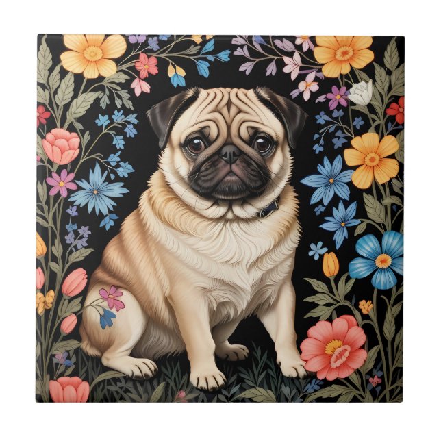 Söt Pug Elegant Färgrik Blomma Kakelplatta (Framsidan)