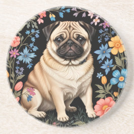 Söt Pug Elegant Färgrik Blommig Underlägg