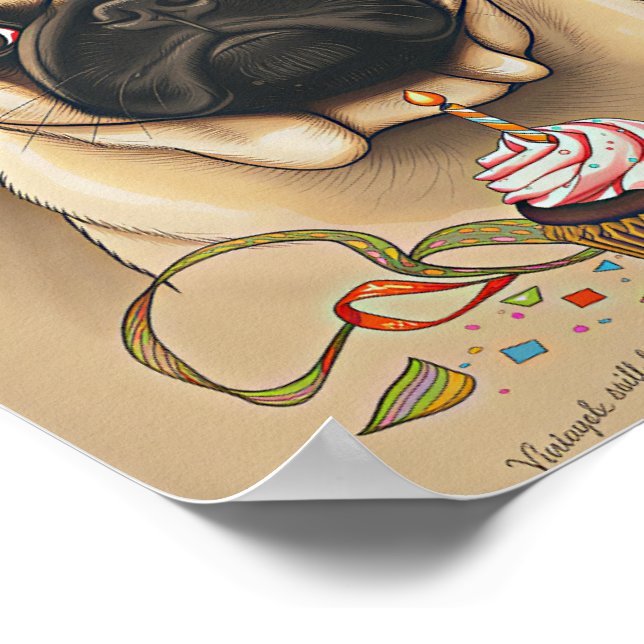 Söt Pug Födelsedags Cupcake Konst Poster (Hörn)