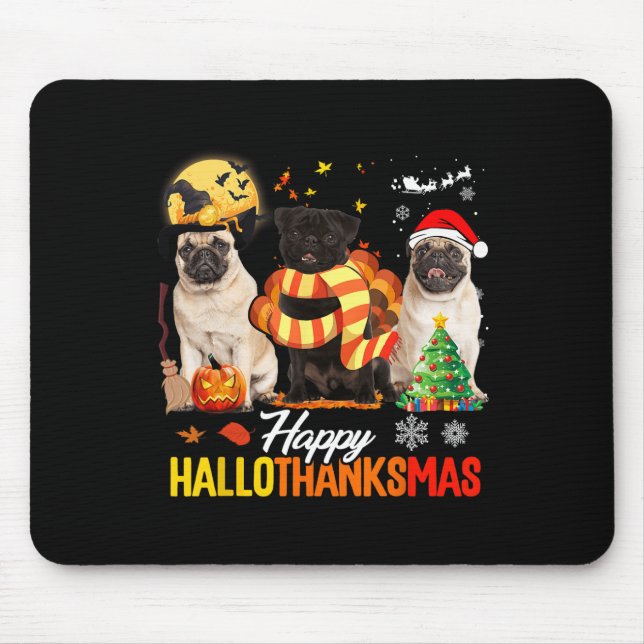 Söt Pug Glad Hallothanksmas Halloween Tackgivnings Musmatta (Framsidan)