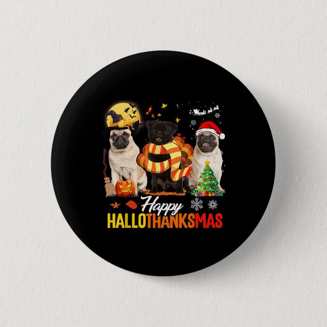 Söt Pug Glad Hallothanksmas Halloween Thanksgiving Knapp (Framsida)