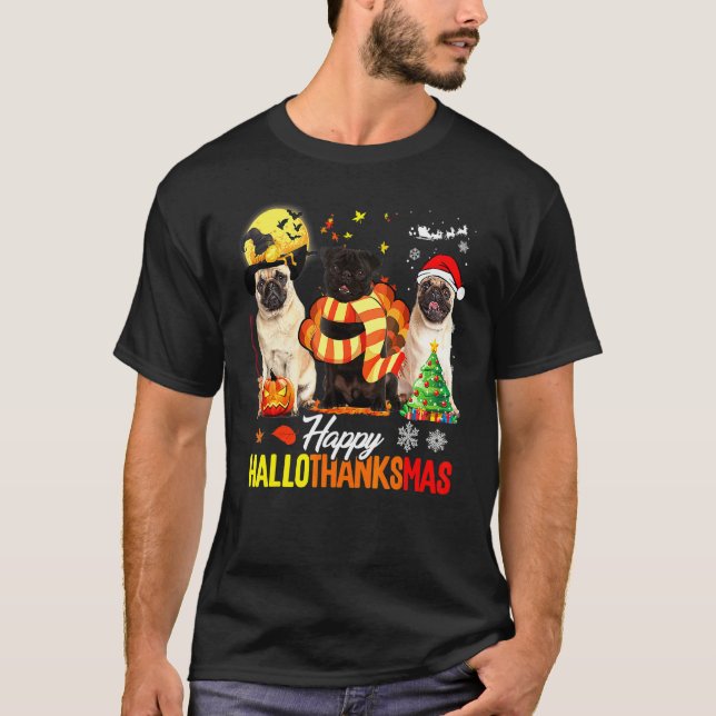 Söt Pug Glad Hallothanksmas Halloween Thanksgiving T Shirt (Framsida)