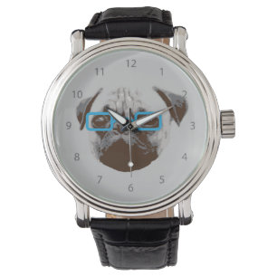 Söt Pug Hipster med Blå Glasögon Armbandsur