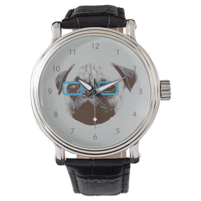 Söt Pug Hipster med Blå Glasögon Armbandsur (Framsida)