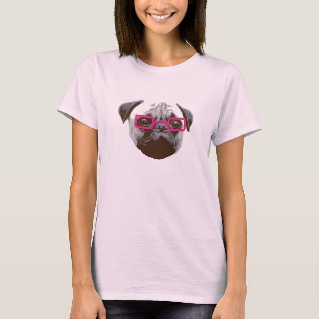 Söt Pug-Hipster med rosa glasögon Tee Shirt (Framsida)