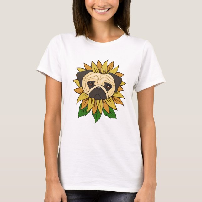 Söt Pug Hund i en Solros T Shirt (Framsida)
