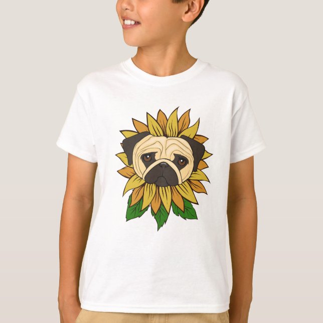 Söt Pug-hund i en solros T Shirt (Framsida)