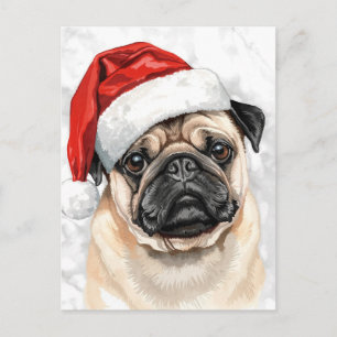 Söt Pug-hund i tomteluva Vattenfärg Jul Helg Vykort