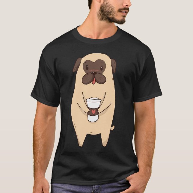 Söt Pug Hund Med Kaffe T Shirt (Framsida)