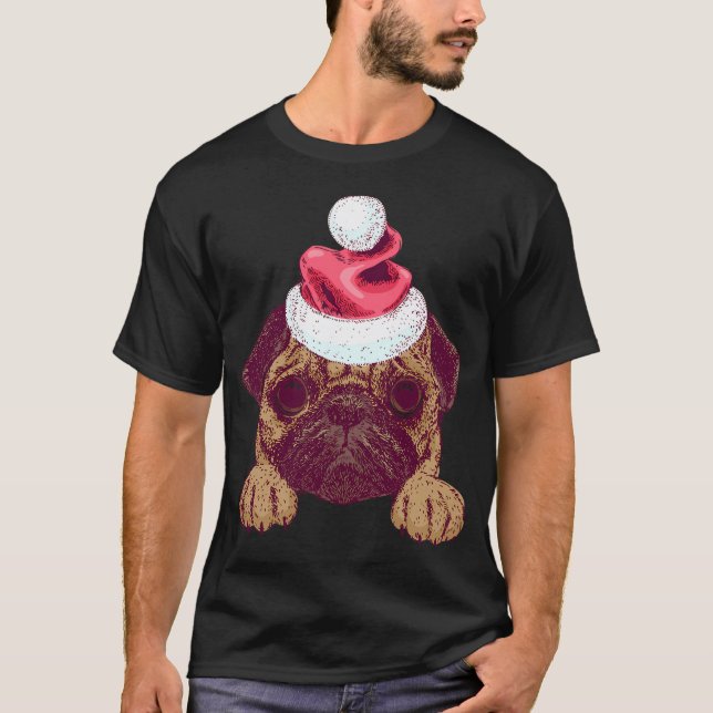 Söt pug i jul Santa hatt T Shirt (Framsida)