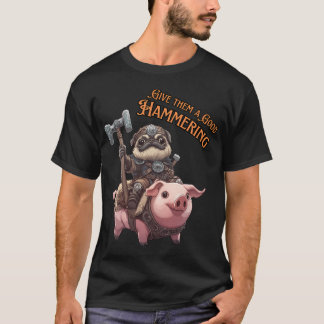 Söt Pug i Rustning Ridande Gris med StridsHammare T Shirt