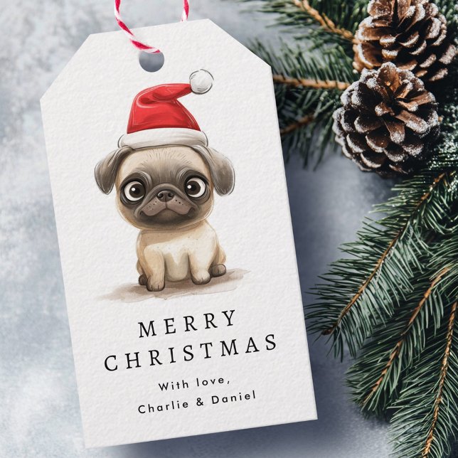 Söt pug i Santa hatt illustration God Jul Presentetikett (Cute pug in Santa hat illustration Merry Christmas Gift Tags)