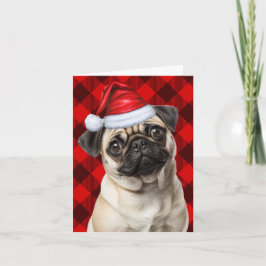 Söt Pug-jul-tomte-hund Röd Buffalo-rutig jul Helgkort