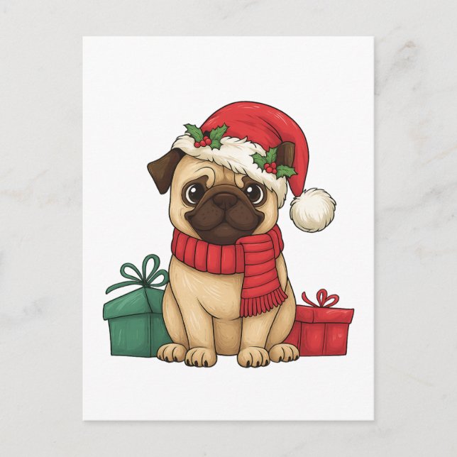 Söt Pug-jultomte julklappsillustration Helg Vykort (Framsida)