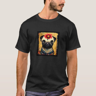Söt Pug med blomma på huvudet Traditionell T Shirt