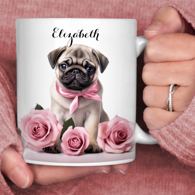 Söt Pug Puppy Rosa ros Personlig Hund Kaffemugg (Skapare uppladdad)
