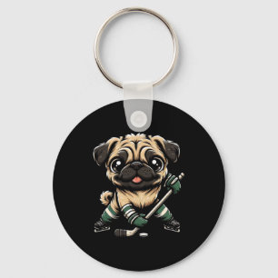 Söt Pug som spelar ishockey Hunddesign Män Kvinnor Nyckelring