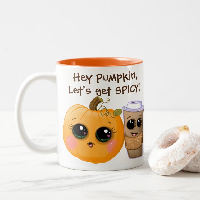 Söt Pumpkin Spice “Låt oss bli kryddiga” Höstmugg Två-Tonad Mugg (Med munk)