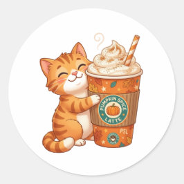 Söt Pumpkin Spice Latte Katt Mysig Höst Halloween Runt Klistermärke
