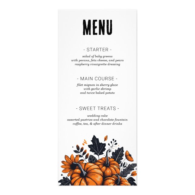 Söt Pumpkins Bröllop Menu Reklamkort (Framsidan)