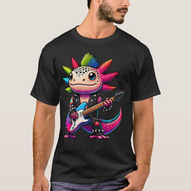 Söt Punk Axolotl Rock'N Roll Goth Kawaii Gitarr B T Shirt (Framsida)