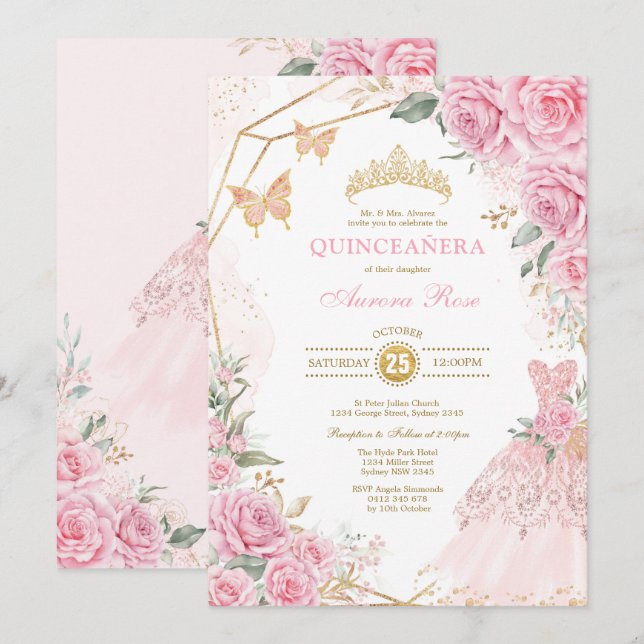Söt Quinceañera Rosa Guld Ro Quince Princess Inbjudningar (Fram/baksida)